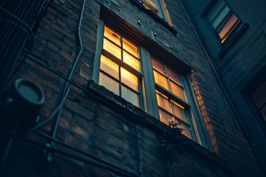 A window on a building is lit up by the sun. The light shines through the window, illuminating the brick wall. The scene is peaceful and serene, with the sun casting a warm glow on the building