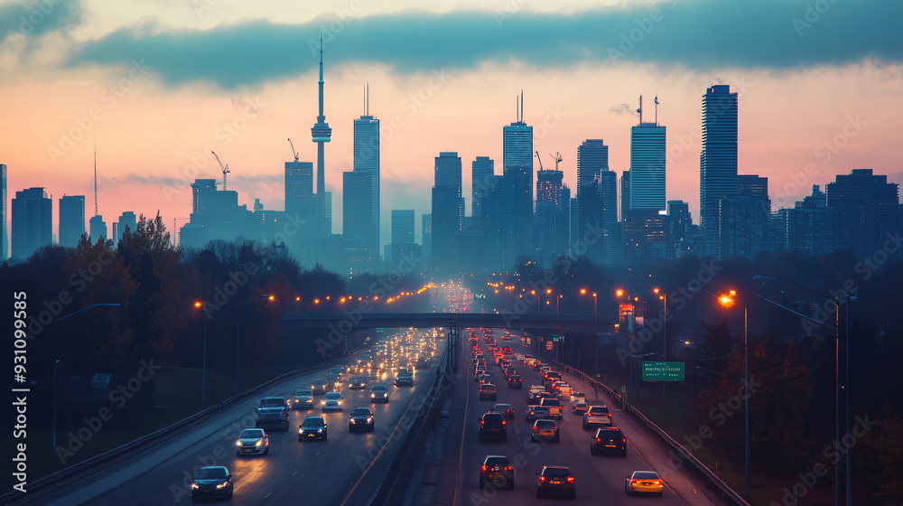 Wall mural a city skyline with morning traffic starting to build, monday morning, urban energy2