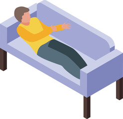Isometric icon of a young man lying relaxing on a comfortable sofa at home