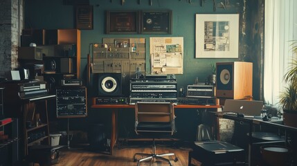 A retro-inspired recording studio filled with vintage audio equipment and a cozy chair, capturing a nostalgic and creative atmosphere.