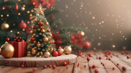 Red-green and gold tones, Christmas tree on the background, Christmas theme, gift, cute, round, wooden Podium pebble, solid color background. Generative AI.