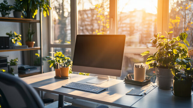 A tidy workspace with morning sunlight, Monday morning, clean and organized