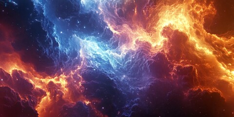 A futuristic interpretation of a cosmic storm, with digital lightning and data streams flashing across a vivid, swirling cosmic landscape