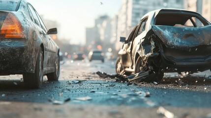 Two damaged cars on the road after an accident, with scattered debris and a visible collision impact, all set against a blurred city background.