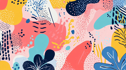 Abstract organic shapes pattern with vibrant colors, layered fluid forms and botanical elements, soft pink background with scattered dots and flowing curves4