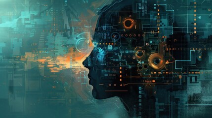 Obraz premium Abstract digital art of a human head with circuits and data.