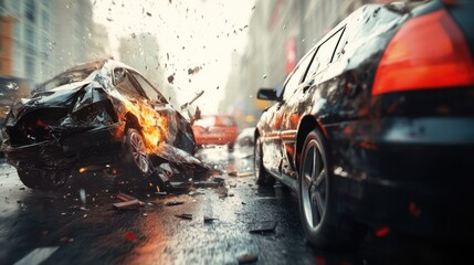 Two damaged cars on the road after an accident, with scattered debris and a visible collision impact, all set against a blurred city background.