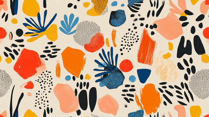 Abstract shapes and botanical motifs in playful colors, creating a whimsical seamless pattern on a soft beige backdrop1