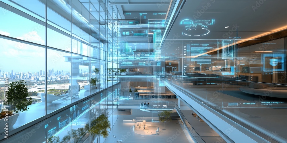 Poster Advanced interface for intelligent buildings, showcasing responsive design elements, real-time monitoring, and tech-driven building management tools