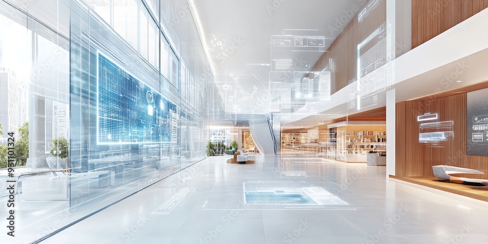 Poster Advanced interface for intelligent buildings, showcasing responsive design elements, real-time monitoring, and tech-driven building management tools