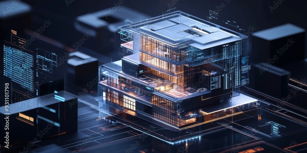 Poster A modern UI for managing intelligent buildings, with interactive layouts, live data streams, and advanced technology integration