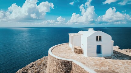 Fototapeta premium Aerial shot of a white-brick cafe on a remote island, with stone walls, blue ocean, and skies with white clouds blending seamlessly.
