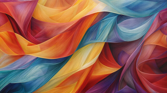 Vibrant abstract painting with flowing curves and intertwining shapes, featuring warm oranges, cool blues, and rich purples in a dynamic, harmonious composition