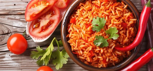 A bowl of red rice with tomatoes and chili peppers. The rice is cooked with tomatoes and chili peppers for a flavorful and spicy dish.