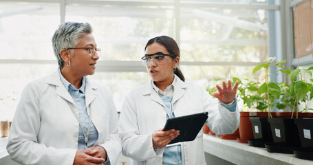 Research, science and women with tablet, plants and collaboration for medical pharmaceuticals. People, employees and researchers with tech, study and digital app for gmo results, talk and connection