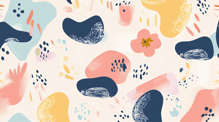 Fototapeta premium Colorful fluid organic shapes and delicate flowers scattered across a pastel background in a seamless abstract pattern3