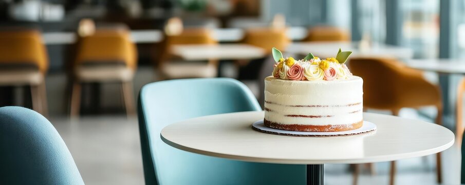 A modern cafe with sleek furniture and a vibrant atmosphere, a beautifully decorated cake as the focal point, modern cafe, warm atmosphere, cake centerpiece