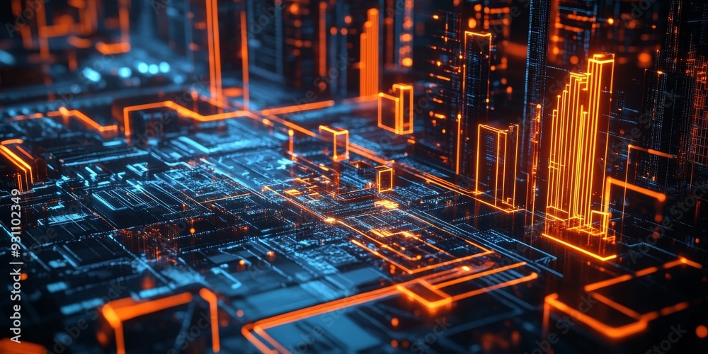 Poster A futuristic interface showcasing modern urban design, with dynamic city layouts, real-time data streams, and interactive tech elements