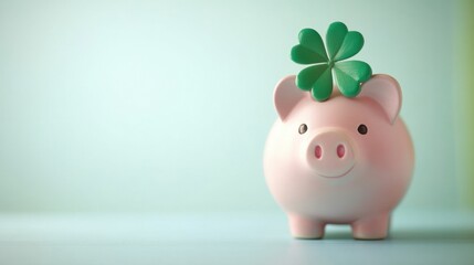 A piggy bank adorned with a small, vibrant four-leaf clover symbolizing good fortune and financial security. The smooth pastel background enhances the contrast of the whimsical design.