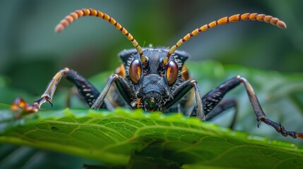 Macro shot of a beetle with large orange and black antennae on a green leaf.