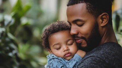 Fototapeta premium A father carrying his sleeping toddler on his shoulder, capturing a moment of trust, safety, and unspoken love