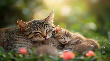 A mother cat cuddling her kittens, a display of nurturing, protection, and unconditional love in the animal kingdom