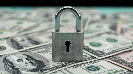 A silver lock with a key on top of a pile of money