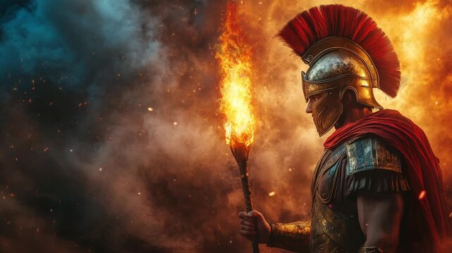 Spartan warrior holding fiery torch with billowing color smoke Seamless looping 4k time-lapse virtual video animation background