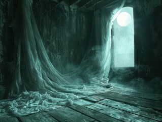 Obraz premium Tattered Cobweb Curtains in a Creepy Attic with Moonlight