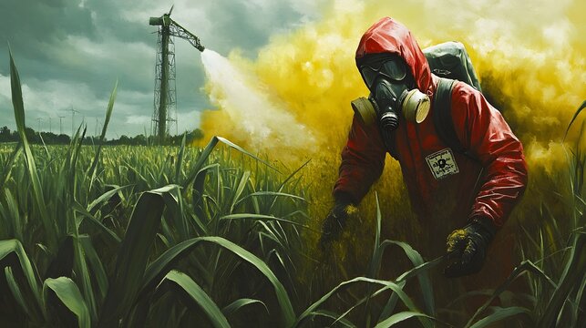 31. An image of toxic pesticides being applied to crops with a warning label