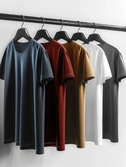 5 smooth, beautiful neat T-shirts without folds, super smooth, the color of the T-shirts is white, black and dark red, blue, khaki. the color of the hangers is black. Generative AI.