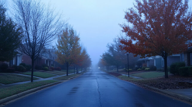 Morning fog lifting over a quiet street, Monday morning, peaceful start - Powered by Adobe