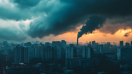 Fototapeta premium 32. A menacing, dark storm cloud representing toxic air pollution above a city