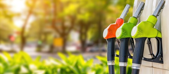 Close up of three gas pump nozzles at a gas station. The nozzles are different colors. green, orange, and red. The background is blurred and shows a green leafy forest.