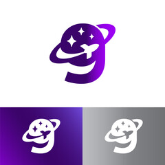 Letter G or number 9 Galaxy space with star and rocket symbol icon flat logo stock vector design