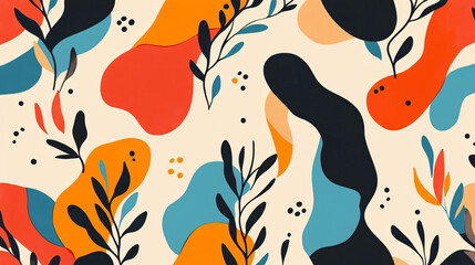 Seamless abstract pattern with bold fluid shapes, soft curves, and small leaves in a vibrant color palette
