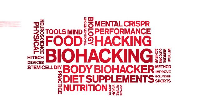 Biohacking animated word cloud;text design animation tag kinetic typography seamless loop.