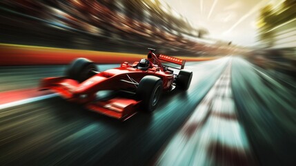 A race car zooms past the finishing line at high speed with motion blur creating an intense sense of action and energy.