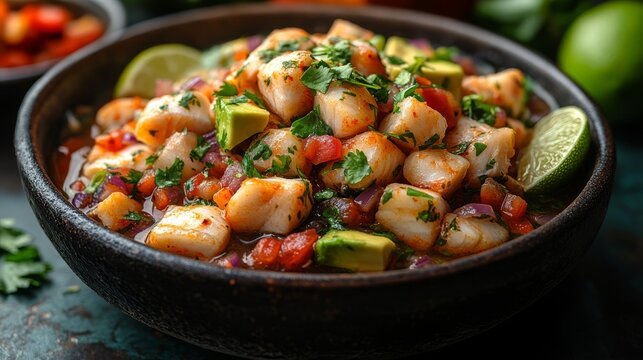 A seafood ceviche made with fresh fish lime cilant  337 food, vegetable, meal, meat, stew, dinner, tomato, dish, vegetables, cuisine, soup, carrot, healthy, beef, cooking, pork, lunch, bowl, chicken, 