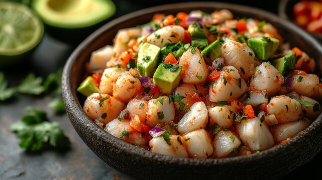 A seafood ceviche made with fresh fish lime cilant  464 food, meal, vegetable, meat, chicken, pan, dinner, dish, vegetables, cooking, healthy, cuisine, lunch, fried, plate, pepper, seafood, cooked, ho
