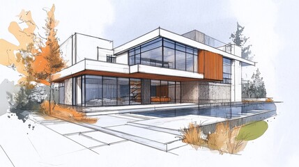 Architectural sketch of a modern house design with clean lines, large windows, and innovative materials, highlighting the artistic process of creation.