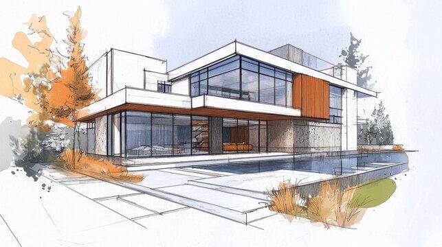 Architectural sketch of a modern house design with clean lines, large windows, and innovative materials, highlighting the artistic process of creation.