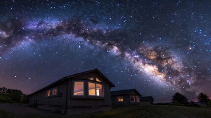 Fototapeta premium The Milky Way arching over a quiet village, with the night sky reflecting in the windows, astrophotography, Milky Way, village night