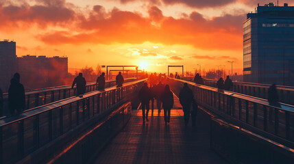 Fototapeta premium Sunrise over a bridge with commuters crossing, Monday morning, the journey begins1