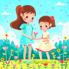 Two Girls Sharing a Flower in a Colorful Meadow