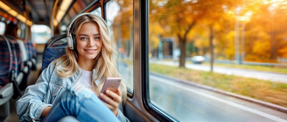 Woman in bus with phone. Girl in transport with smartphone and headphones. Young people inside train or tram. Happy person with music travel to city. Student passenger with mobile. Autumn window view