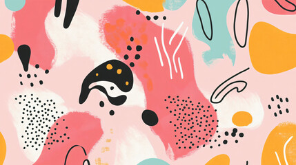 Fototapeta premium Vibrant abstract pattern with organic curves, flowing shapes, and scattered whimsical dots on a soft pink background2