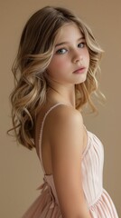 Naklejka premium Captivating Blonde Woman in Elegant Dress with Contemplative Expression