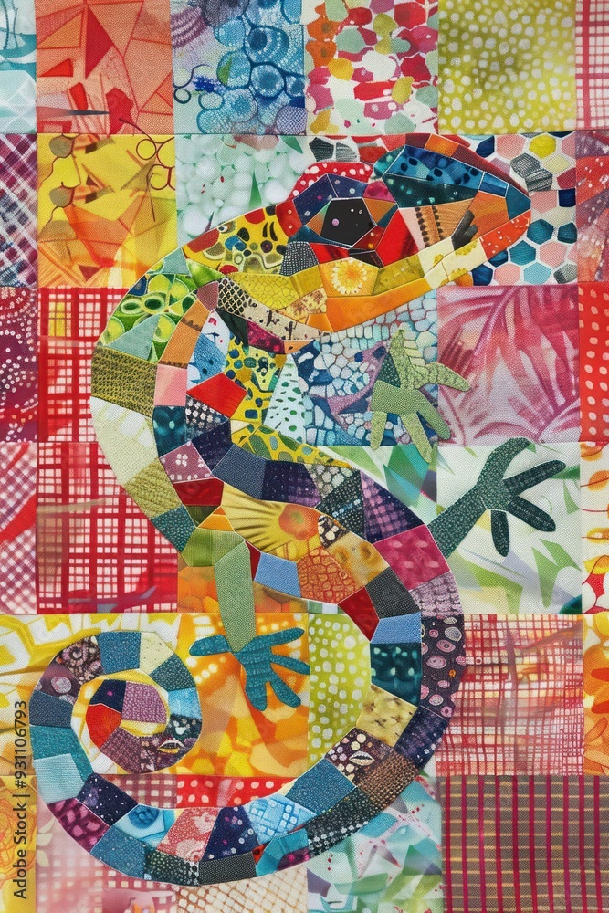 Poster colorful patchwork lizard with geometric patterns.