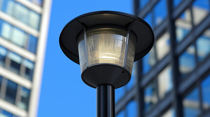 Antique iron lamppost with glass lantern casts blue light on city street at night